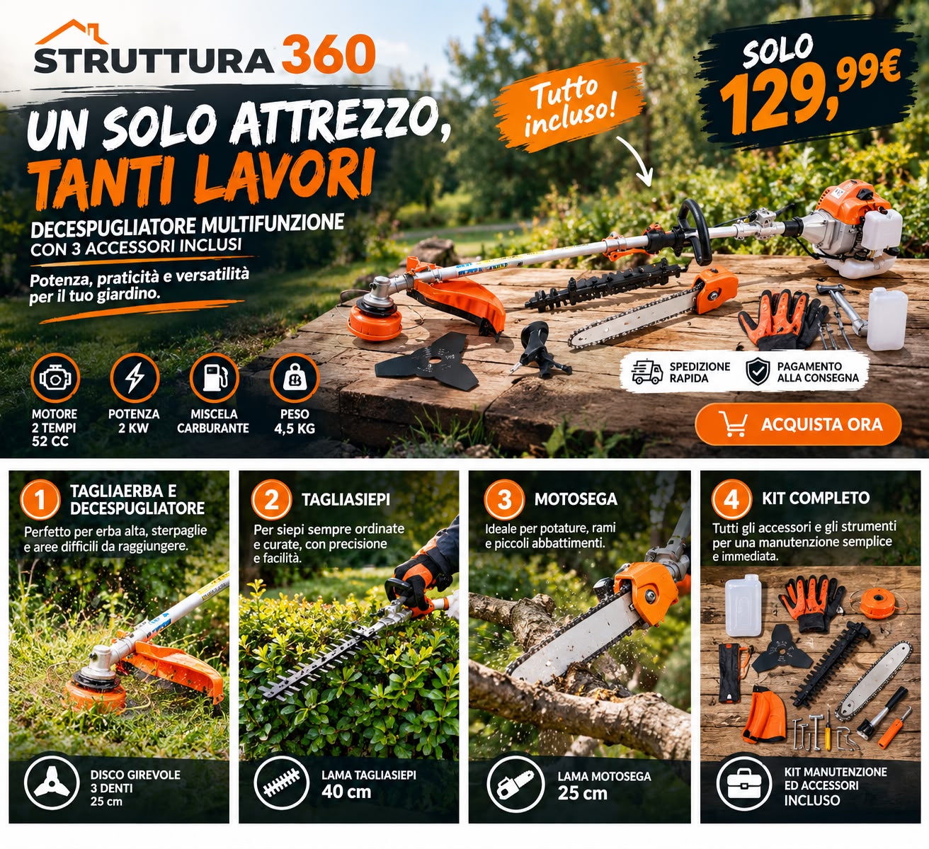 Un solo attrezzo, tanti lavori: tagliaerba e decespugliatore, tagliasiepi, motosega e kit completo
