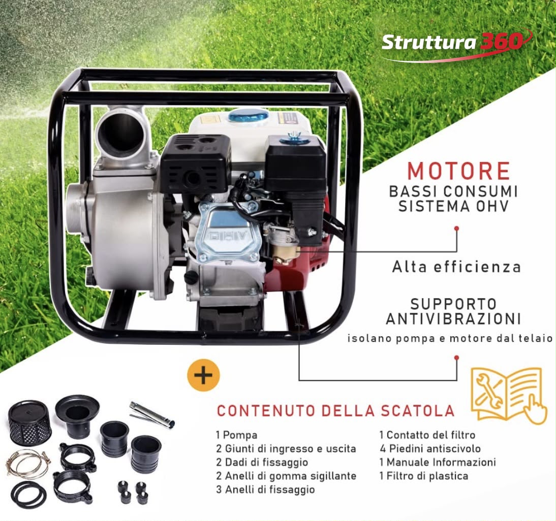 Contenuto della scatola: motopompa con motore OHV e tutti gli accessori