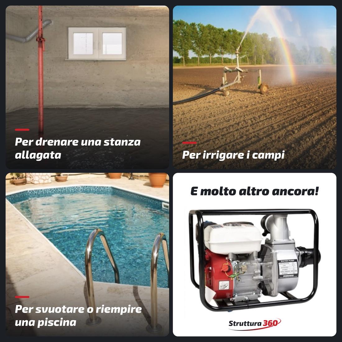 Usi della motopompa: drenare stanze allagate, irrigare i campi, svuotare o riempire la piscina